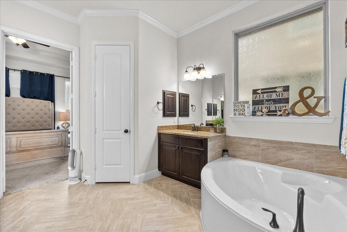 Bathroom, Dual Sink Vanities, Free Standing Baths, Interior, Wood Texture Flooring