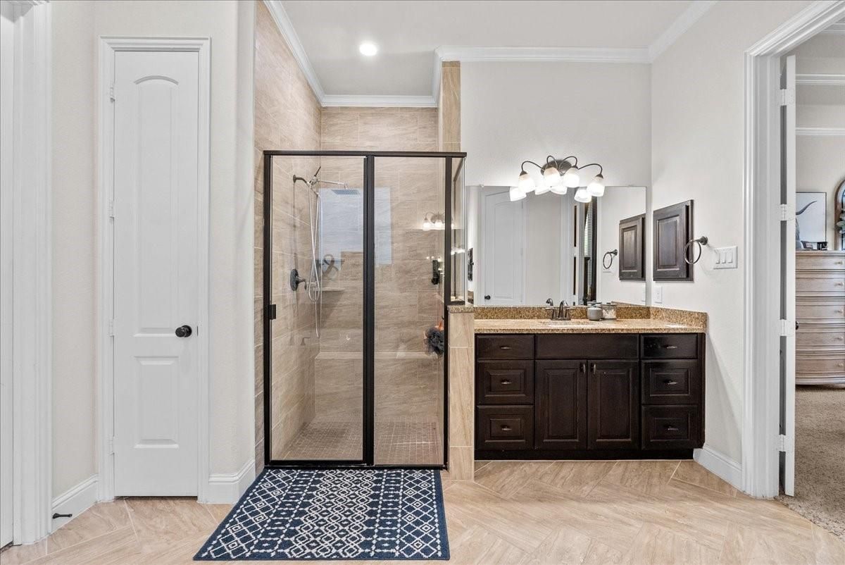 Bathroom, Glass Shower, Interior, Recessed Lighting, Wood Texture Flooring