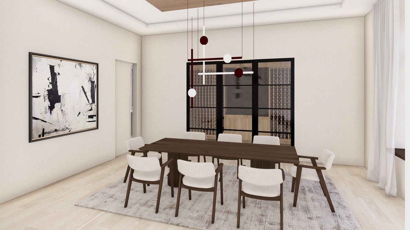 Dining room, Interior, Pendant Lights, Wood Texture Flooring