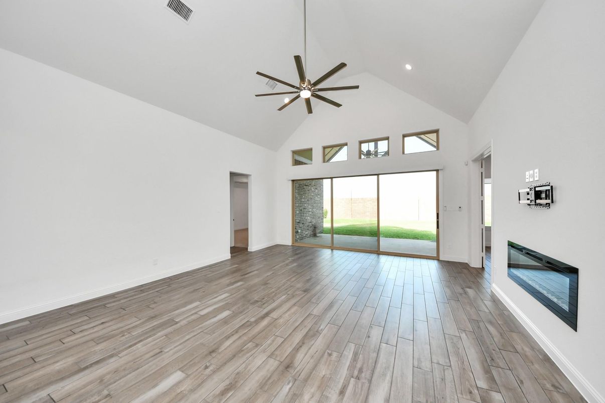 Empty room, Fireplace, Interior, Recessed Lighting, Wood Texture Flooring