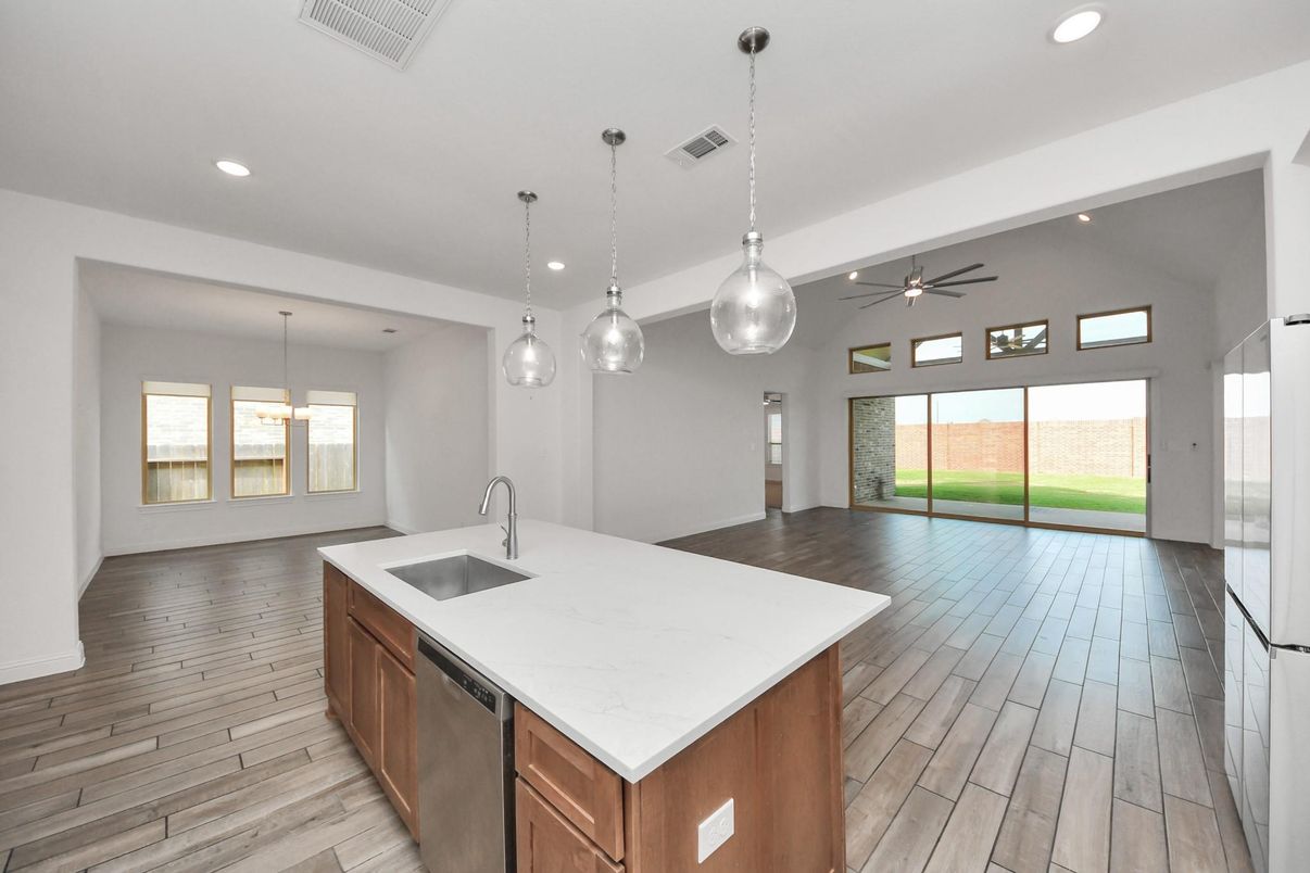Interior, Kitchen, Pendant Lights, Recessed Lighting, Wood Texture Flooring