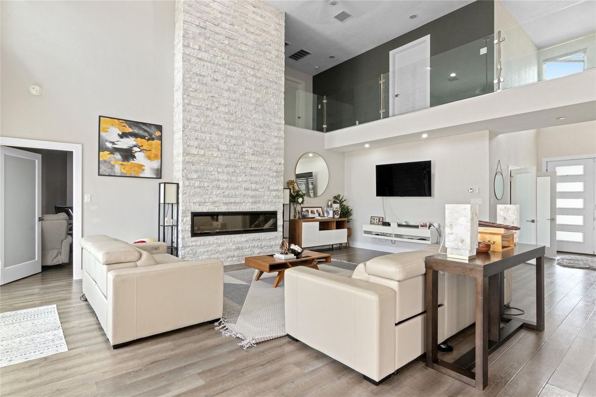 Fireplace, Interior, Living room, Recessed Lighting, Wood Texture Flooring