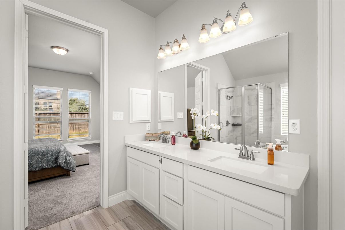 Bathroom, Dual Sink Vanities, Glass Shower, Interior, Wood Texture Flooring