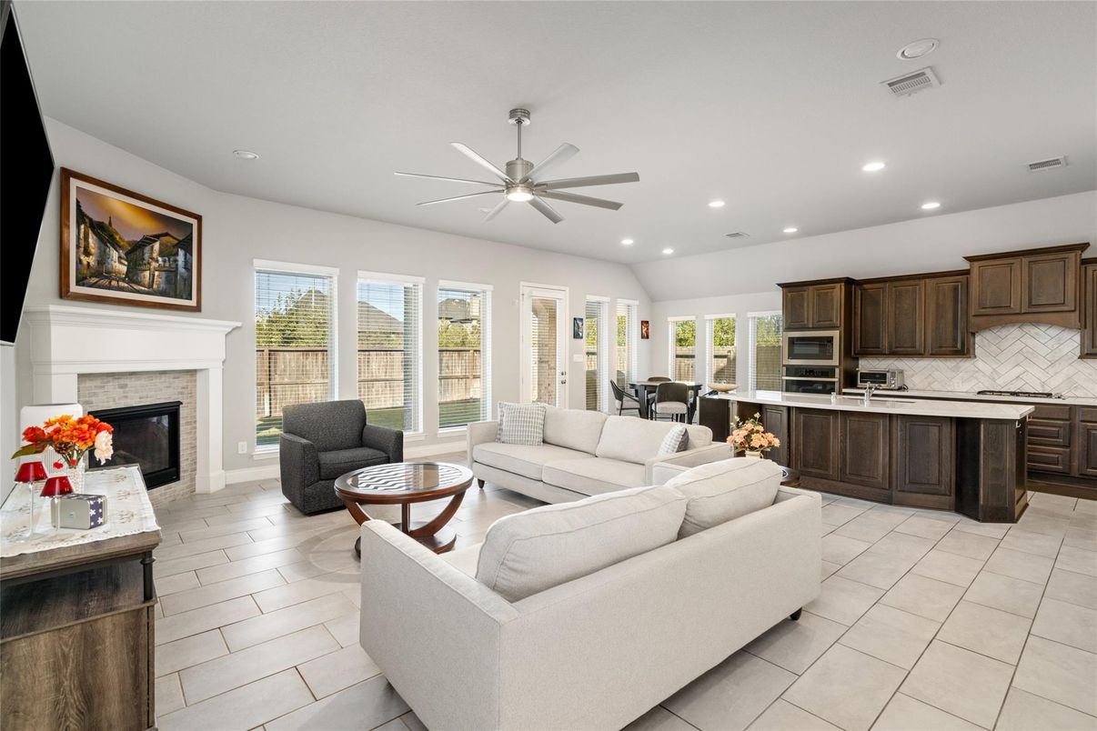 Dining room, Fireplace, Interior, Kitchen, Living room, Recessed Lighting, Stainless Steel Appliances