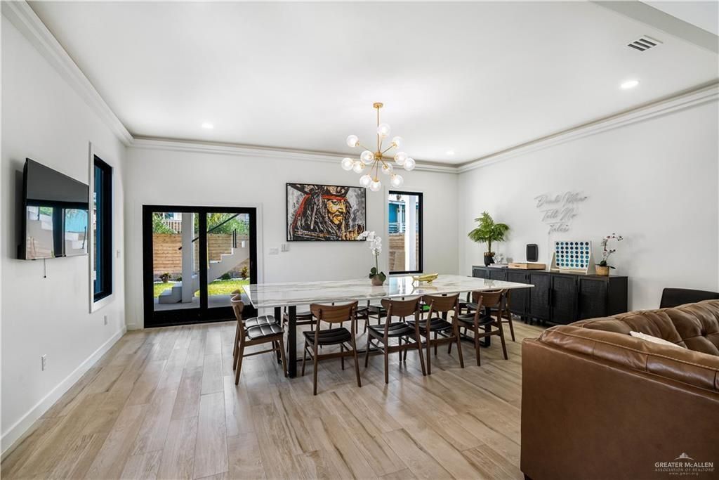 Dining room, Interior, Pendant Lights, Recessed Lighting, Wood Texture Flooring