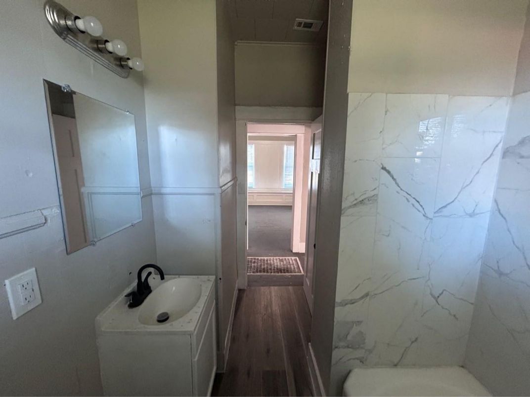 Bathroom, Interior, Marble Walls, Wood Texture Flooring
