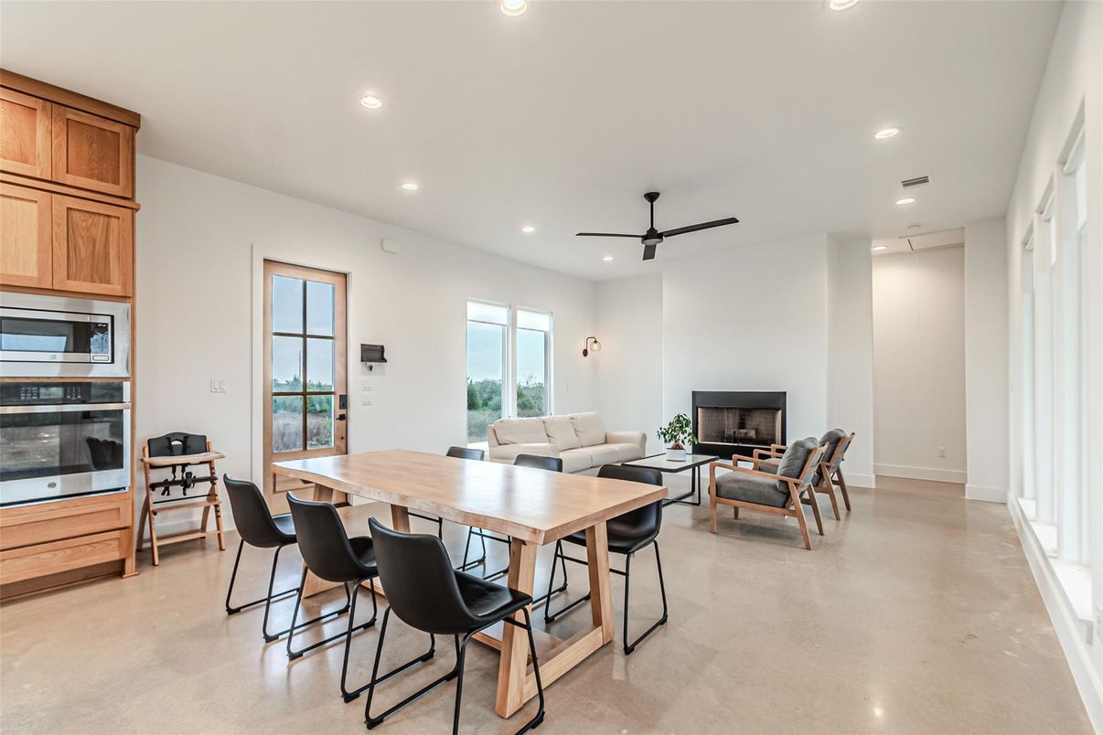 Dining room, Fireplace, Interior, Living room, Recessed Lighting