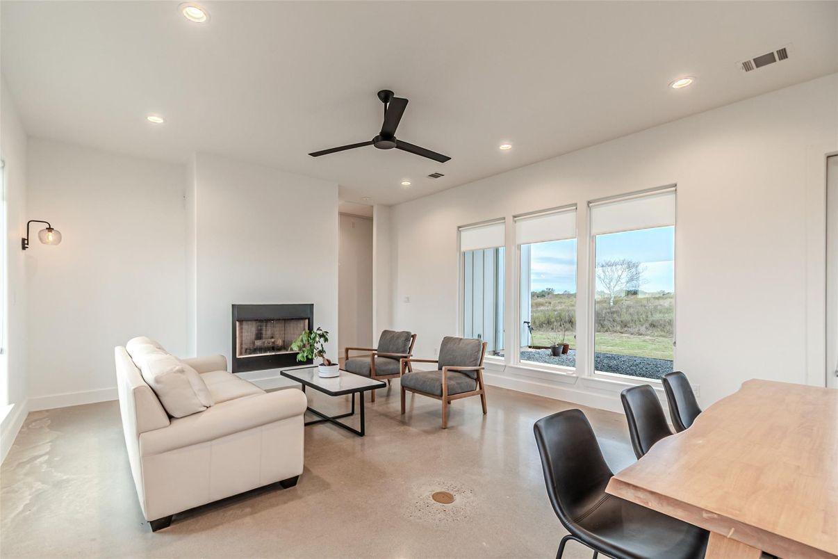 Dining room, Fireplace, Interior, Living room, Recessed Lighting