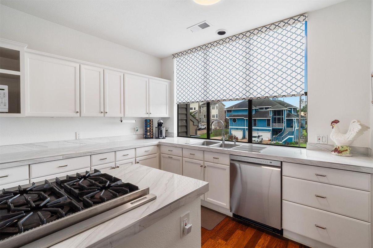 Interior, Kitchen, Recessed Lighting, Stainless Steel Appliances, Water, Wood Texture Flooring