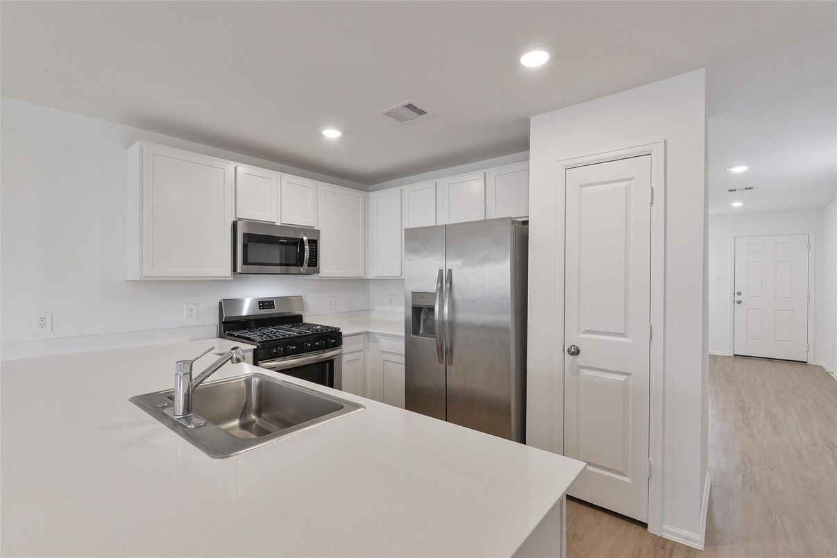 Interior, Kitchen, Recessed Lighting, Stainless Steel Appliances, Wood Texture Flooring