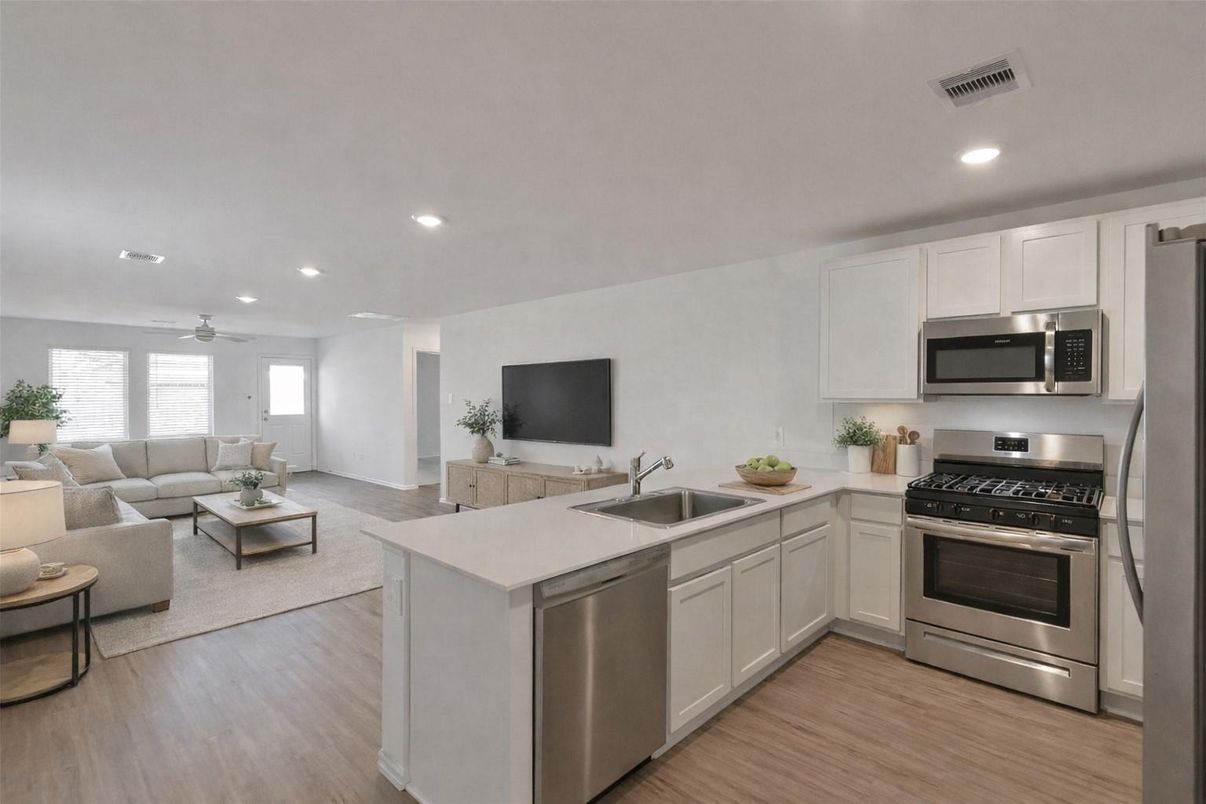 Interior, Kitchen, Living room, Recessed Lighting, Stainless Steel Appliances, Wood Texture Flooring