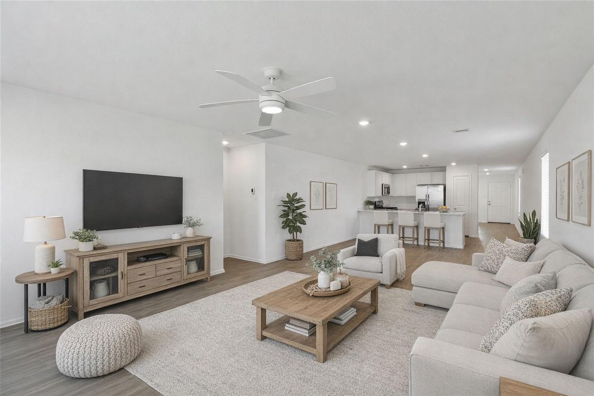 Interior, Kitchen, Living room, Recessed Lighting, Wood Texture Flooring