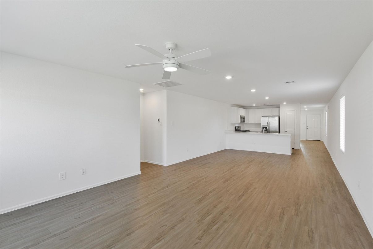 Empty room, Interior, Kitchen, Recessed Lighting, Wood Texture Flooring