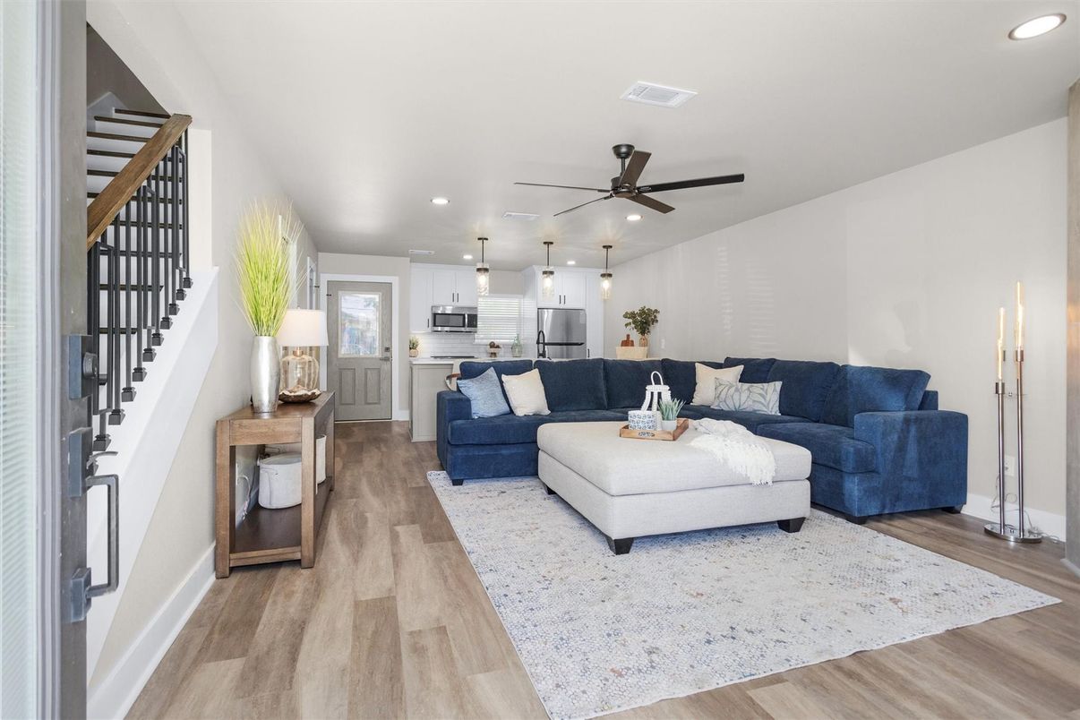 Interior, Kitchen, Living room, Pendant Lights, Recessed Lighting, Stainless Steel Appliances, Wood Texture Flooring