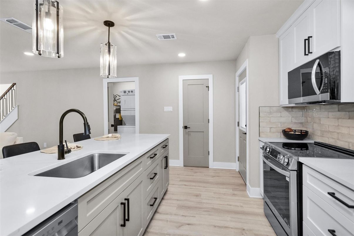 Interior, Kitchen, Pendant Lights, Recessed Lighting, Stainless Steel Appliances, Wood Texture Flooring