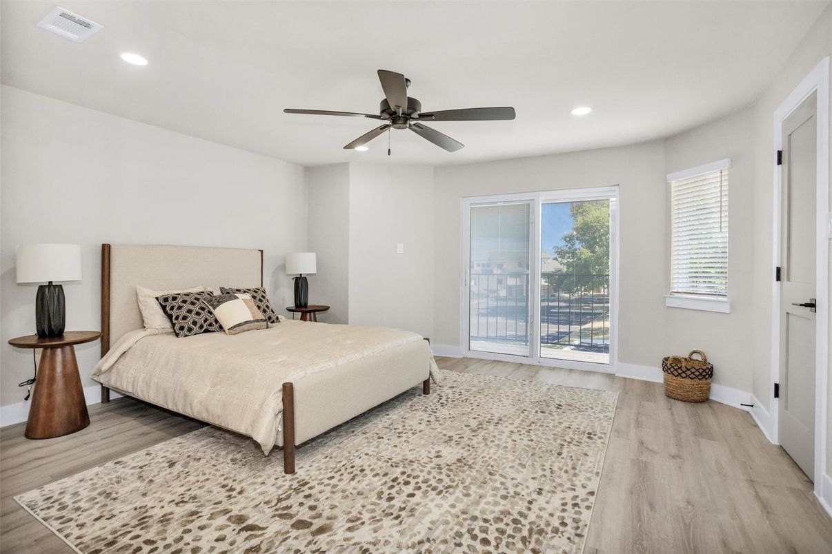 Bedroom, Interior, Recessed Lighting, Wood Texture Flooring