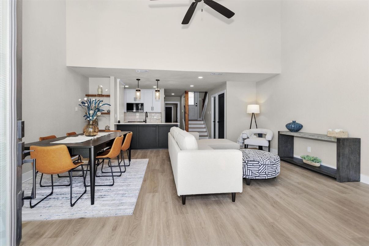 Dining room, Interior, Kitchen, Living room, Pendant Lights, Recessed Lighting, Stainless Steel Appliances, Wood Texture Flooring