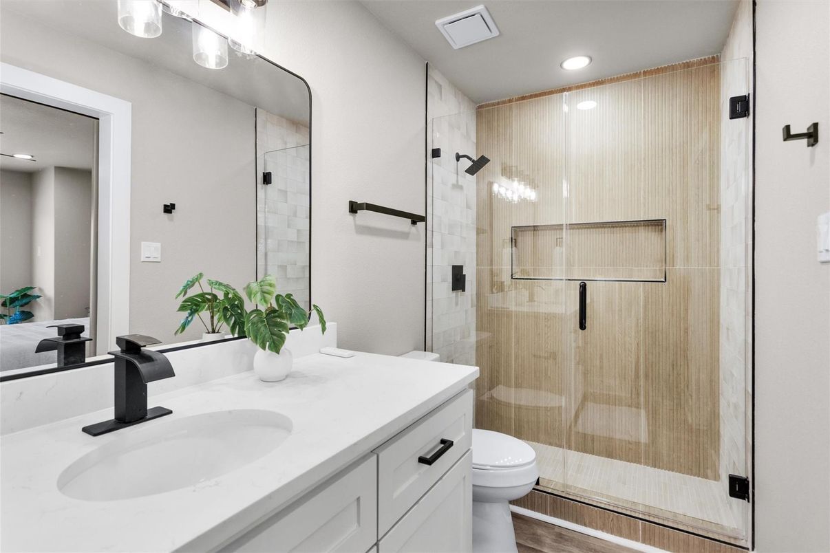 Bathroom, Glass Shower, Interior, Recessed Lighting, Wood Texture Flooring