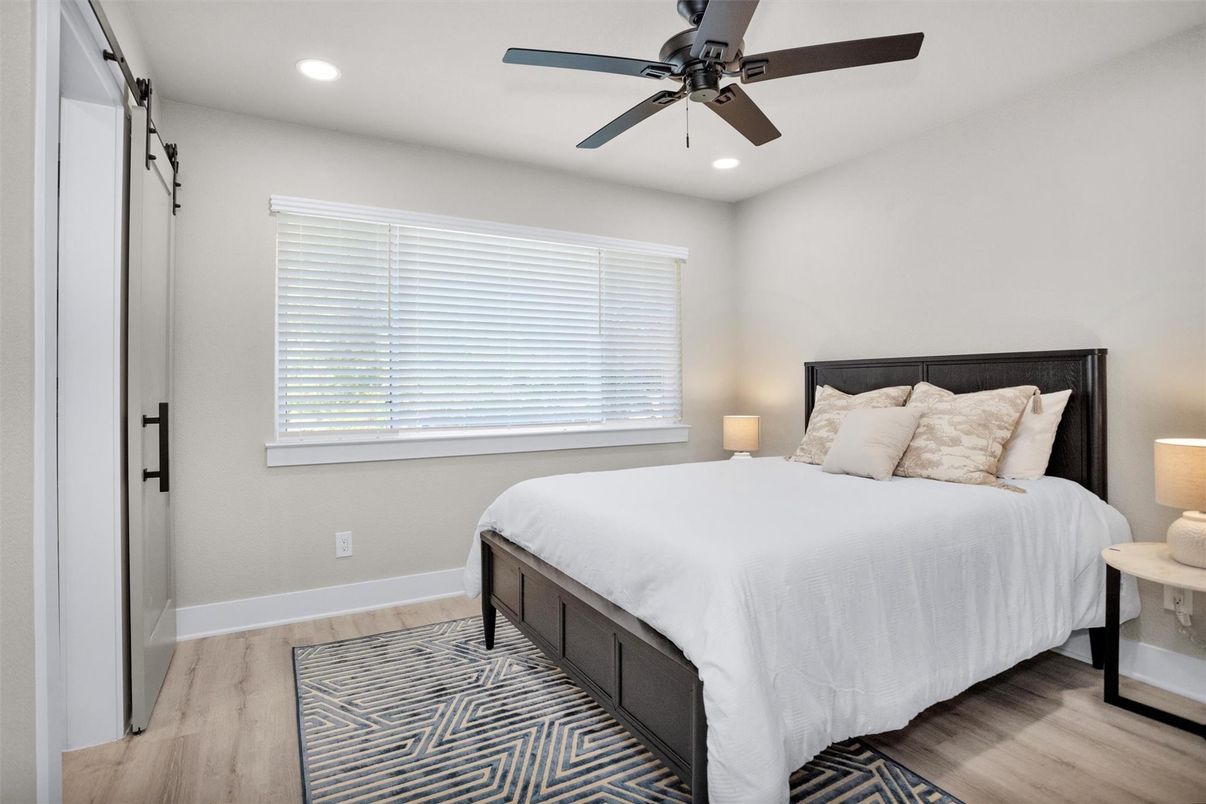 Bedroom, Interior, Recessed Lighting, Wood Texture Flooring