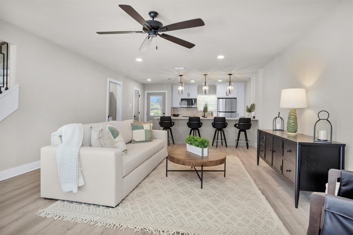 Interior, Kitchen, Living room, Pendant Lights, Recessed Lighting, Stainless Steel Appliances, Wood Texture Flooring