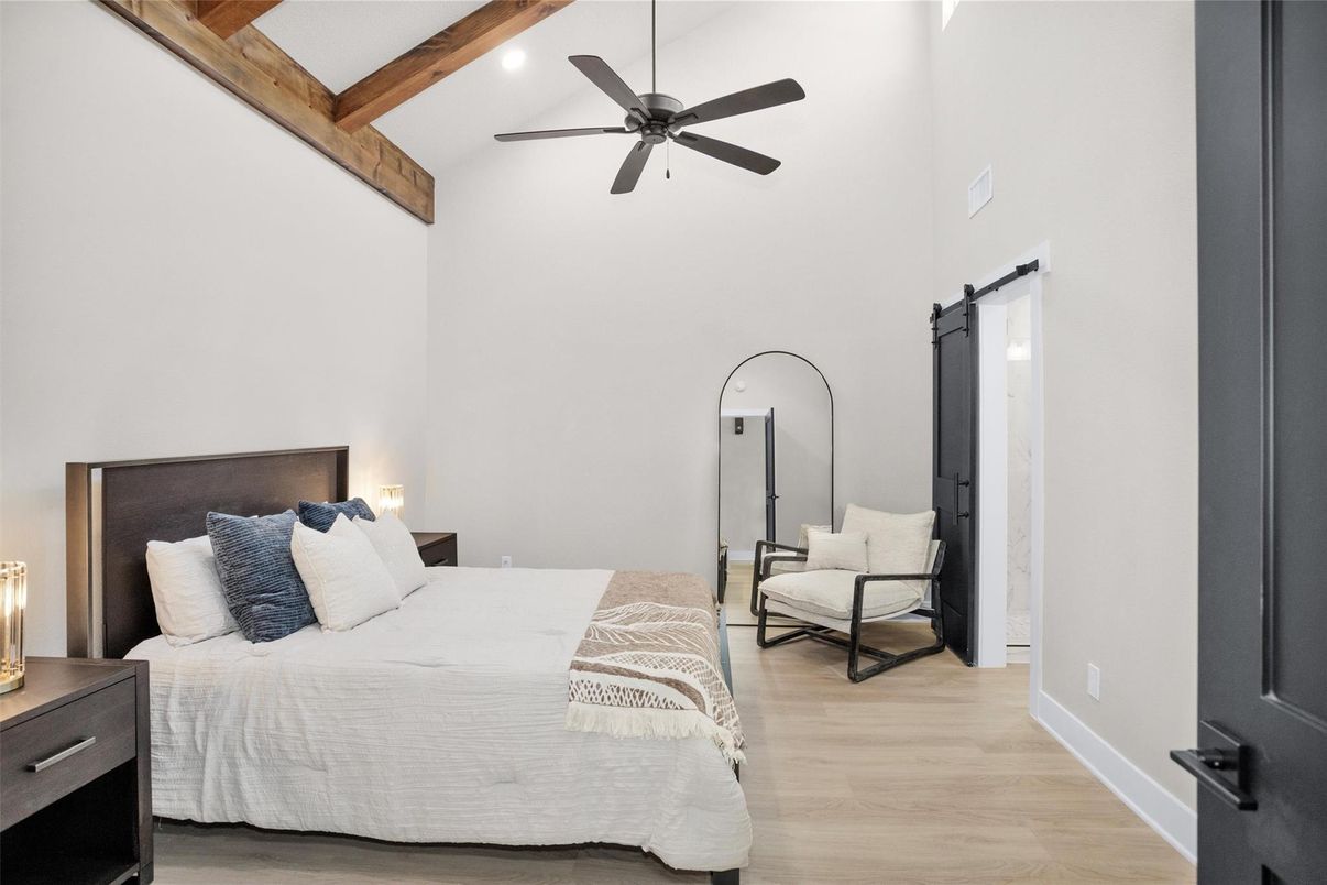 Bedroom, Interior, Recessed Lighting, Wooden Beams, Wood Texture Flooring