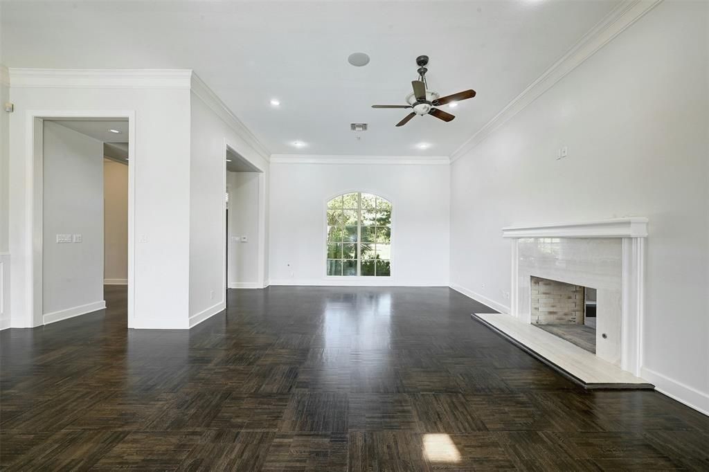 Empty room, Fireplace, Interior, Recessed Lighting, Wood Texture Flooring