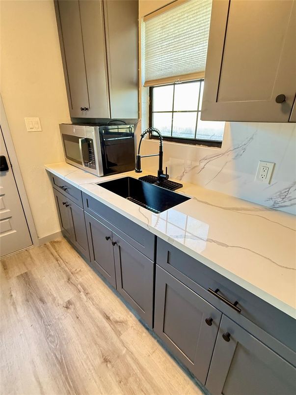 Interior, Kitchen, Tile Countertops, Wood Texture Flooring