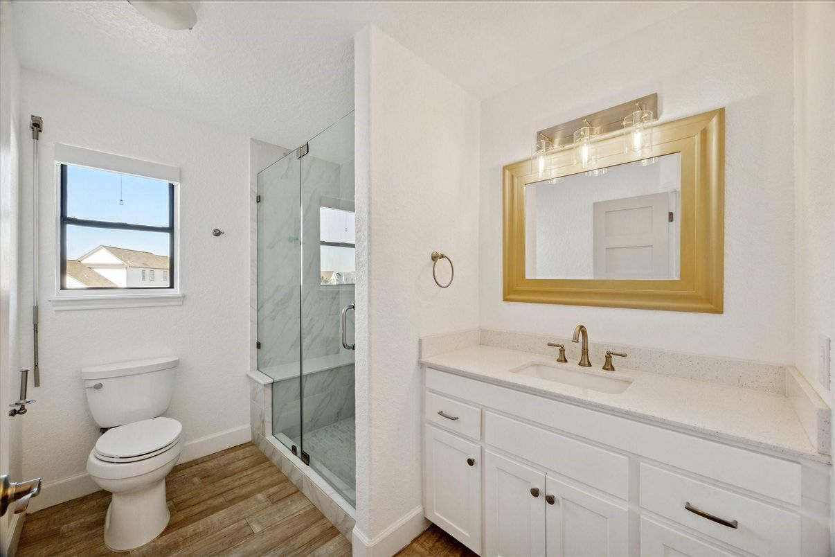 Bathroom, Glass Shower, Interior, Marble Walls, Wood Texture Flooring