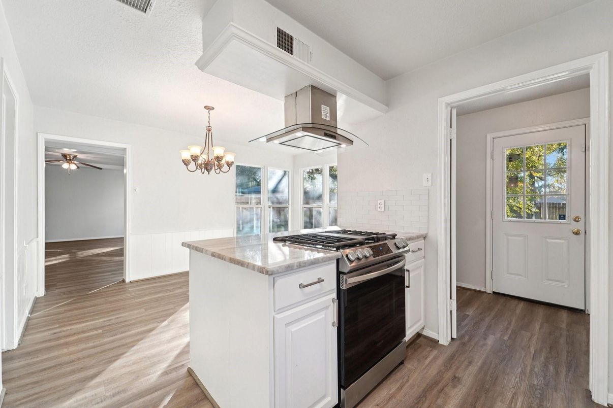 Chandelier, Interior, Kitchen, Stainless Steel Appliances, Wood Texture Flooring