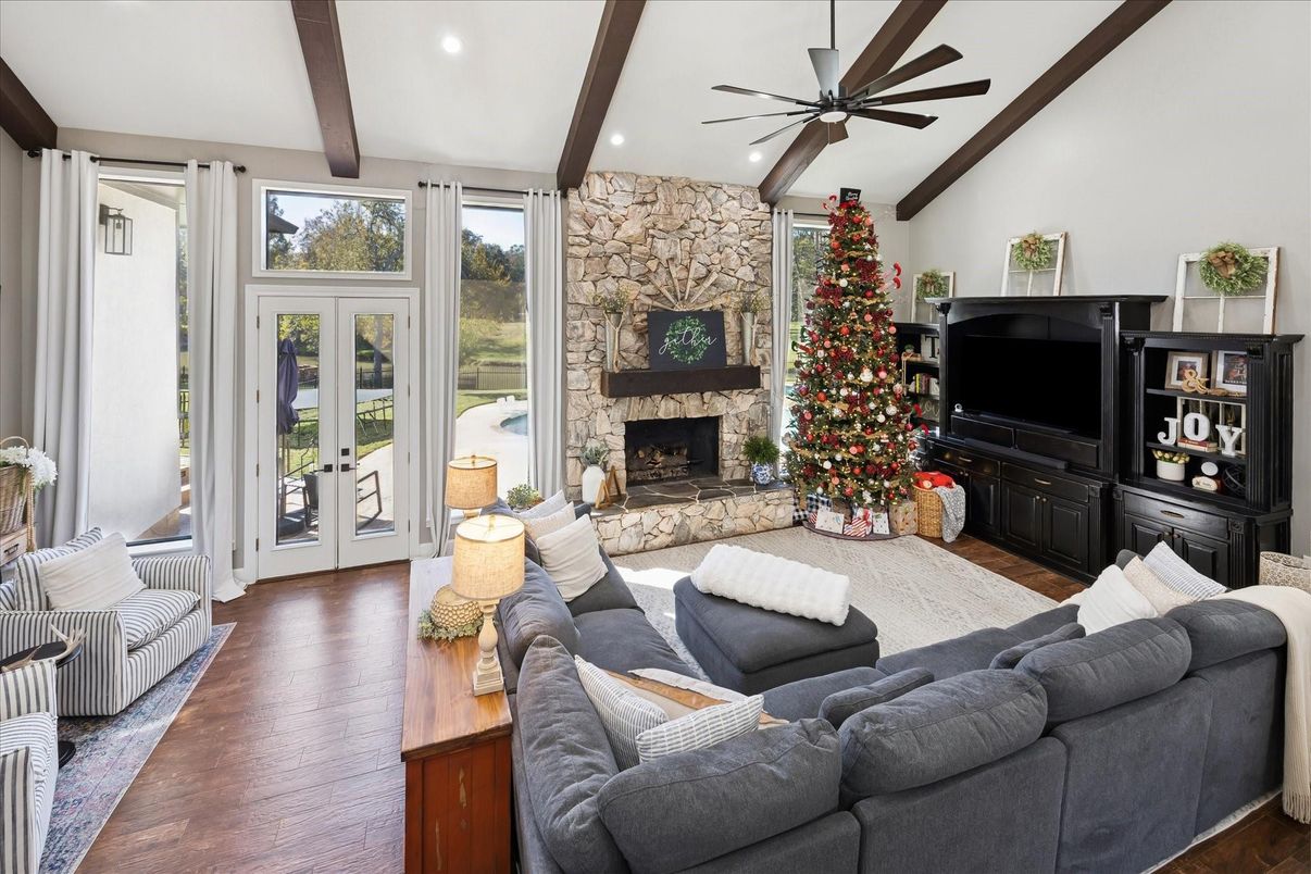 Fireplace, Interior, Living room, Recessed Lighting, Stone Walls, Wooden Beams, Wood Texture Flooring