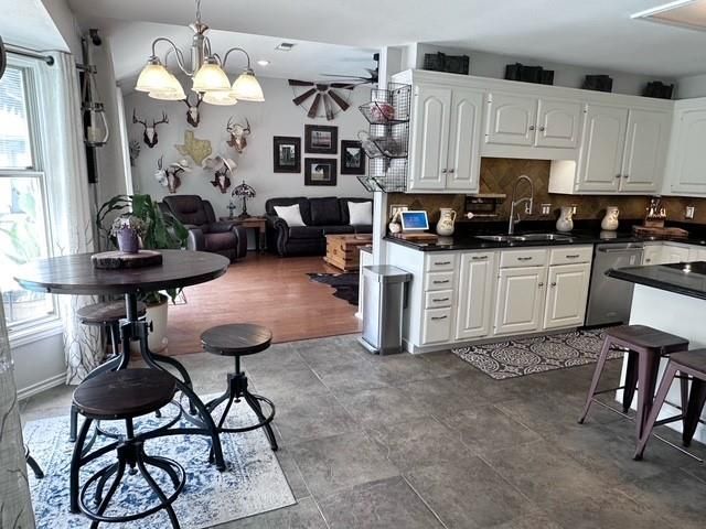 Chandelier, Interior, Kitchen, Living room, Pendant Lights, Stainless Steel Appliances, Wood Texture Flooring