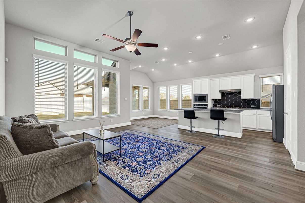 Interior, Kitchen, Living room, Recessed Lighting, Wood Texture Flooring