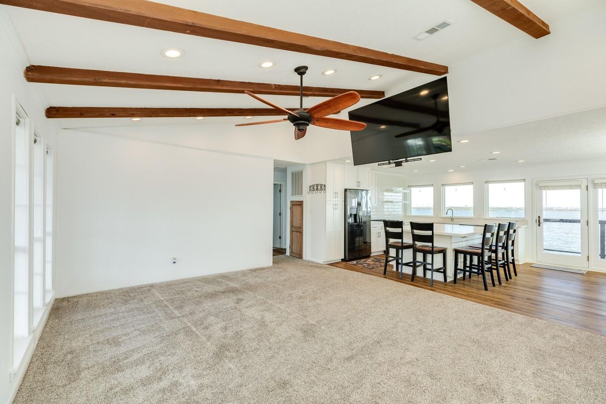 Dining room, Empty room, Interior, Recessed Lighting, Wooden Beams, Wood Texture Flooring