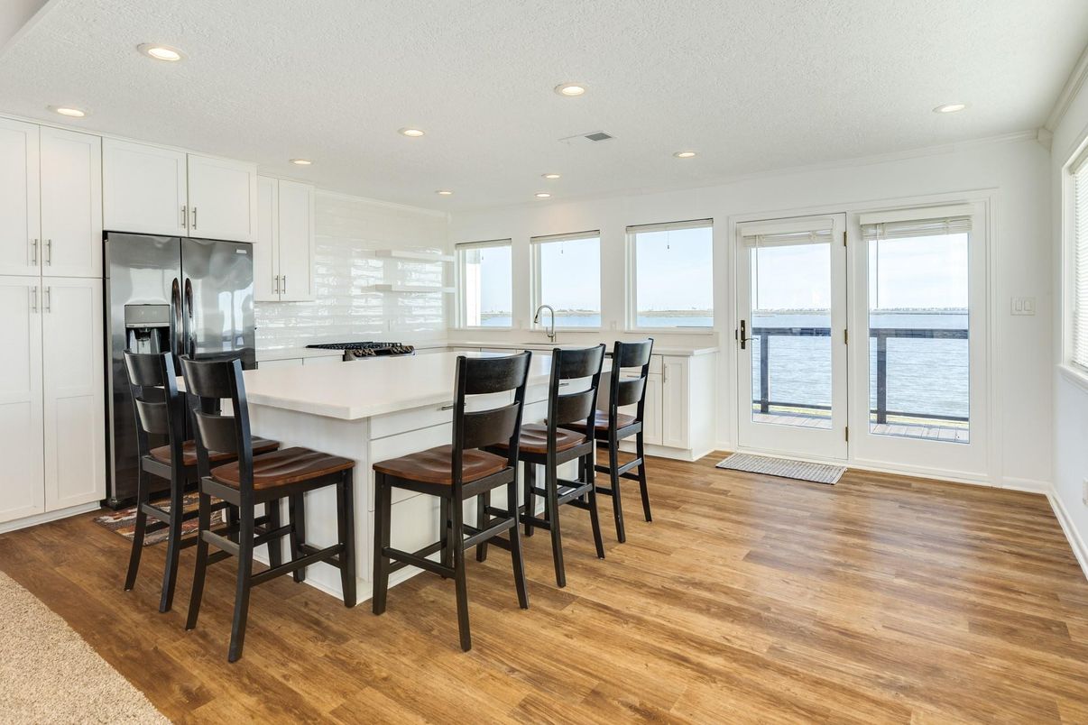 Interior, Kitchen, Recessed Lighting, Stainless Steel Appliances, Water, Wood Texture Flooring