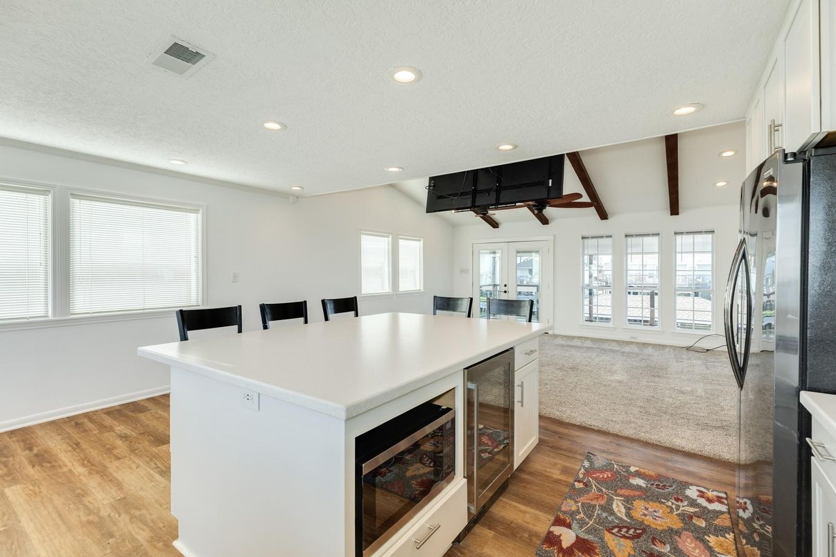 Interior, Kitchen, Recessed Lighting, Wooden Beams, Wood Texture Flooring