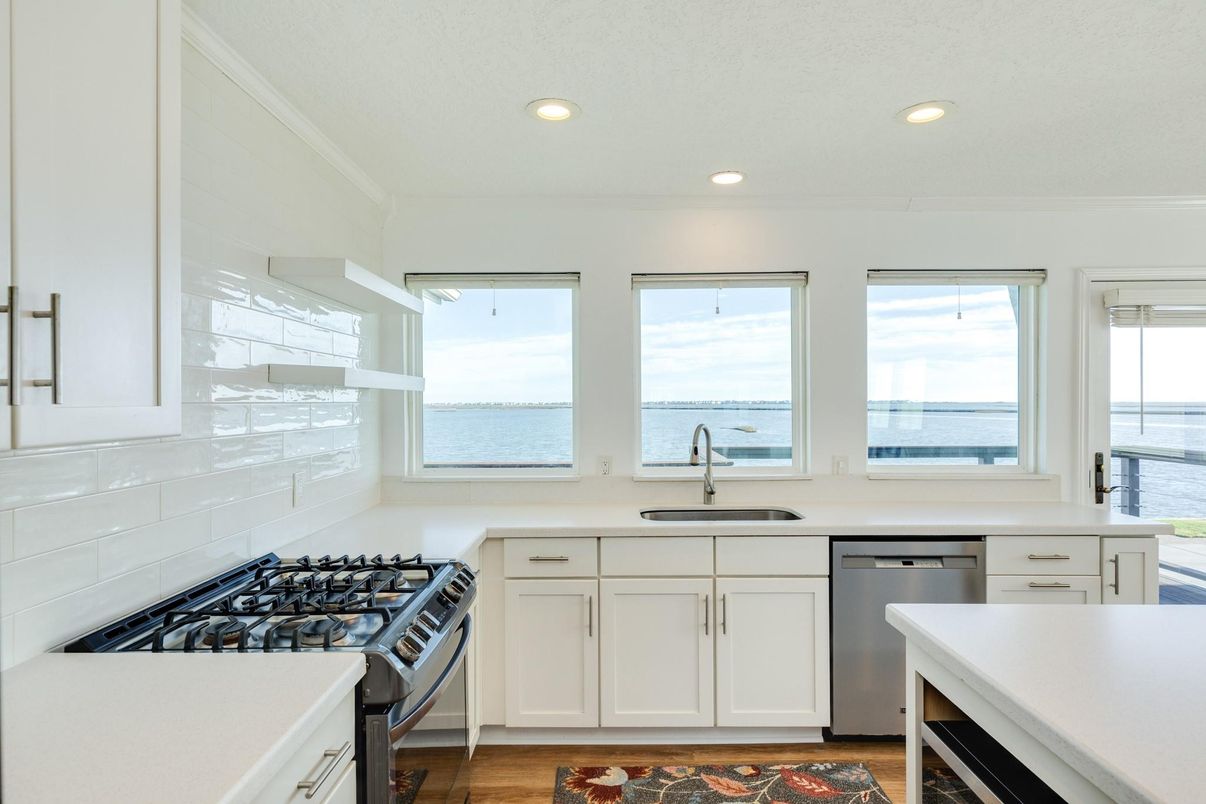 Interior, Kitchen, Recessed Lighting, Stainless Steel Appliances, Water, Wood Texture Flooring