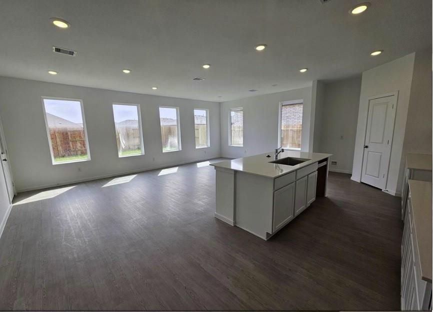 Empty room, Interior, Kitchen, Recessed Lighting, Wood Texture Flooring