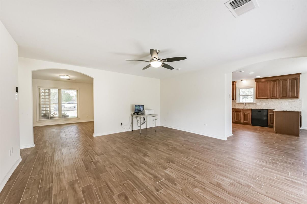 Empty room, Interior, Kitchen, Recessed Lighting, Wood Texture Flooring