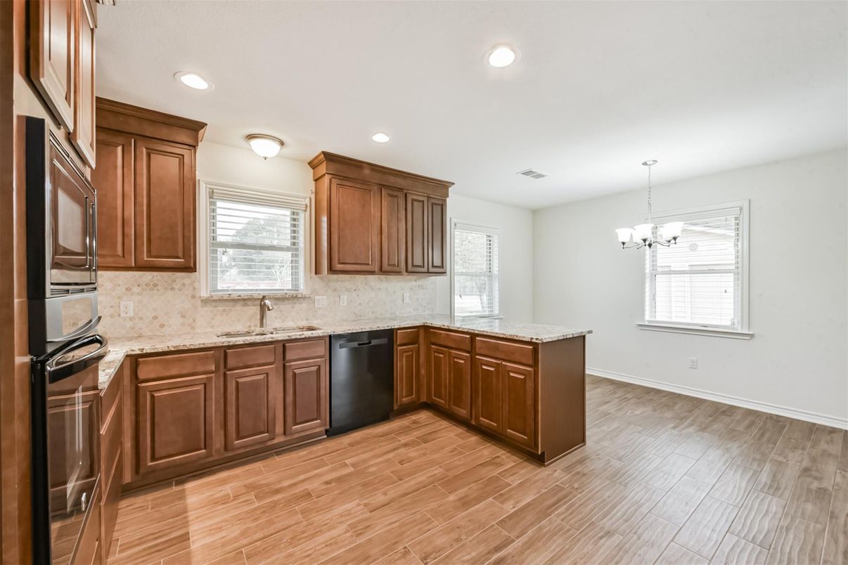 Chandelier, Interior, Kitchen, Recessed Lighting, Wood Texture Flooring