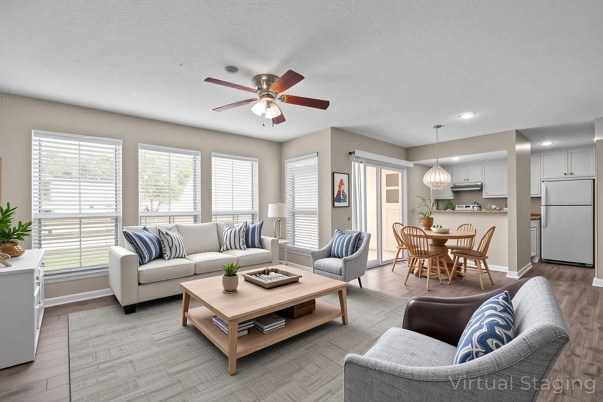 Dining room, Interior, Kitchen, Living room, Pendant Lights, Recessed Lighting, Stainless Steel Appliances, Wood Texture Flooring