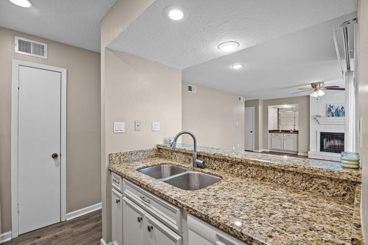 Fireplace, Interior, Recessed Lighting, Wood Texture Flooring