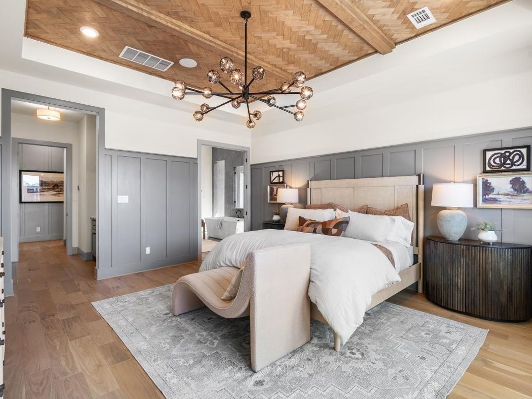 Bedroom, Interior, Pendant Lights, Recessed Lighting, Wooden Beams, Wooden Ceilings, Wood Texture Flooring