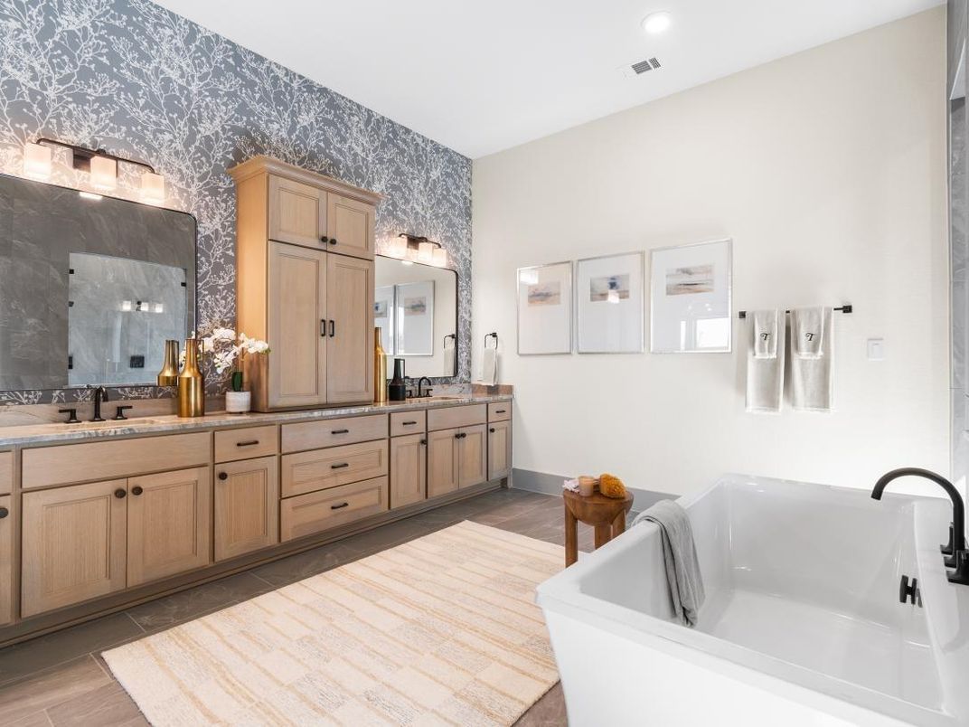 Bathroom, Dual Sink Vanities, Free Standing Baths, Interior, Recessed Lighting, Wood Texture Flooring