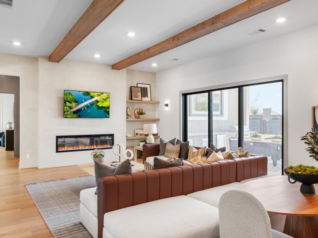 Fireplace, Interior, Living room, Recessed Lighting, Wooden Beams, Wood Texture Flooring