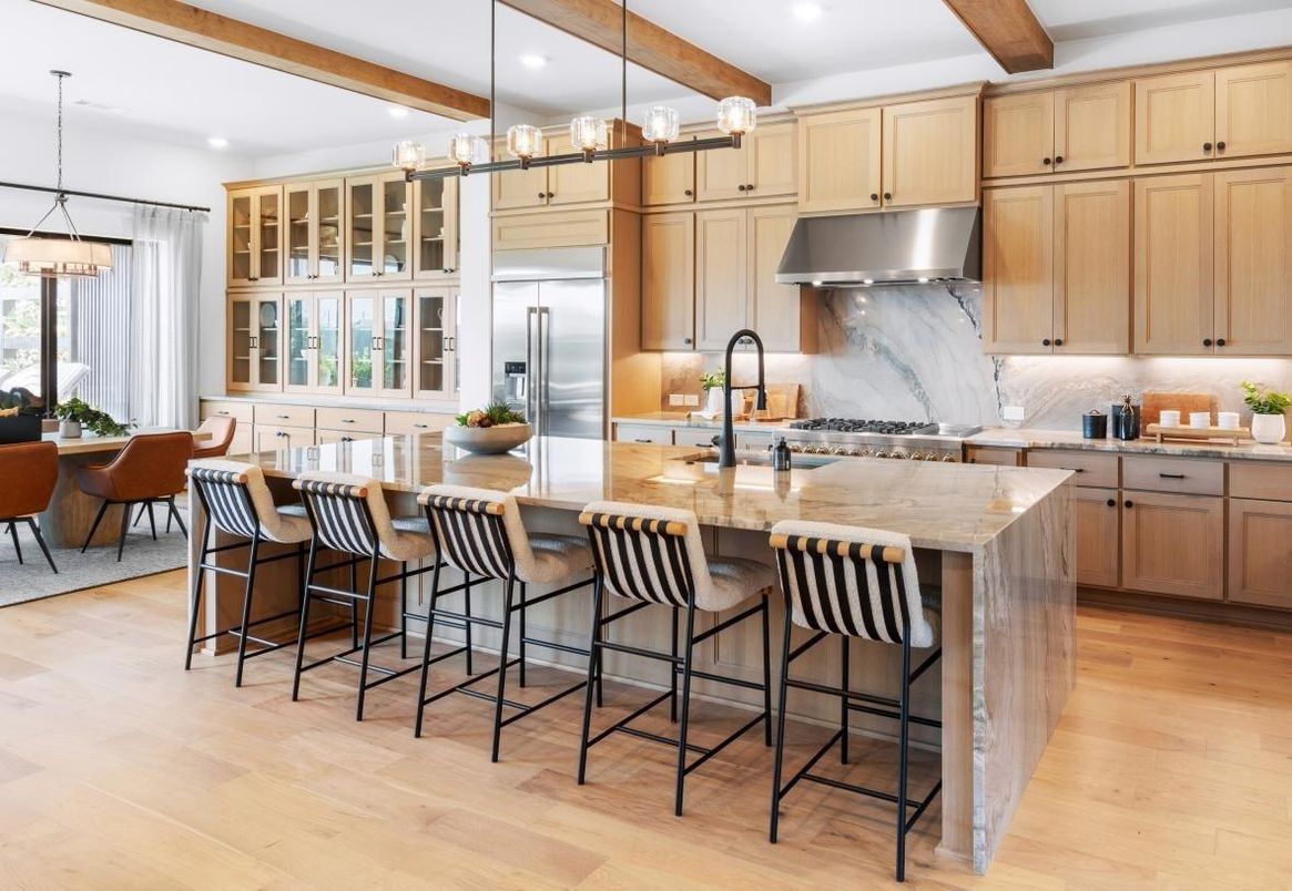 Dining room, Interior, Kitchen, Pendant Lights, Recessed Lighting, Stainless Steel Appliances, Wooden Beams, Wood Texture Flooring