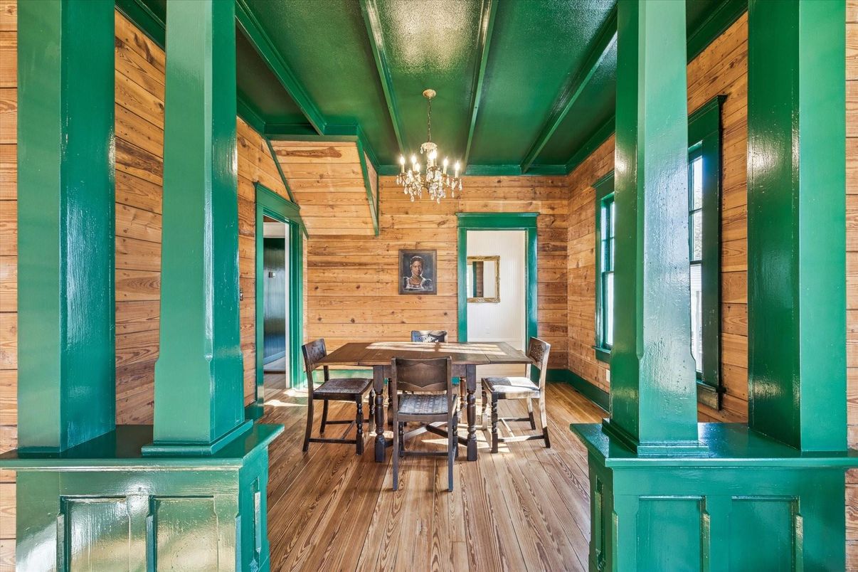 Chandelier, Dining room, Interior, Wood Texture Flooring, Wooden Walls
