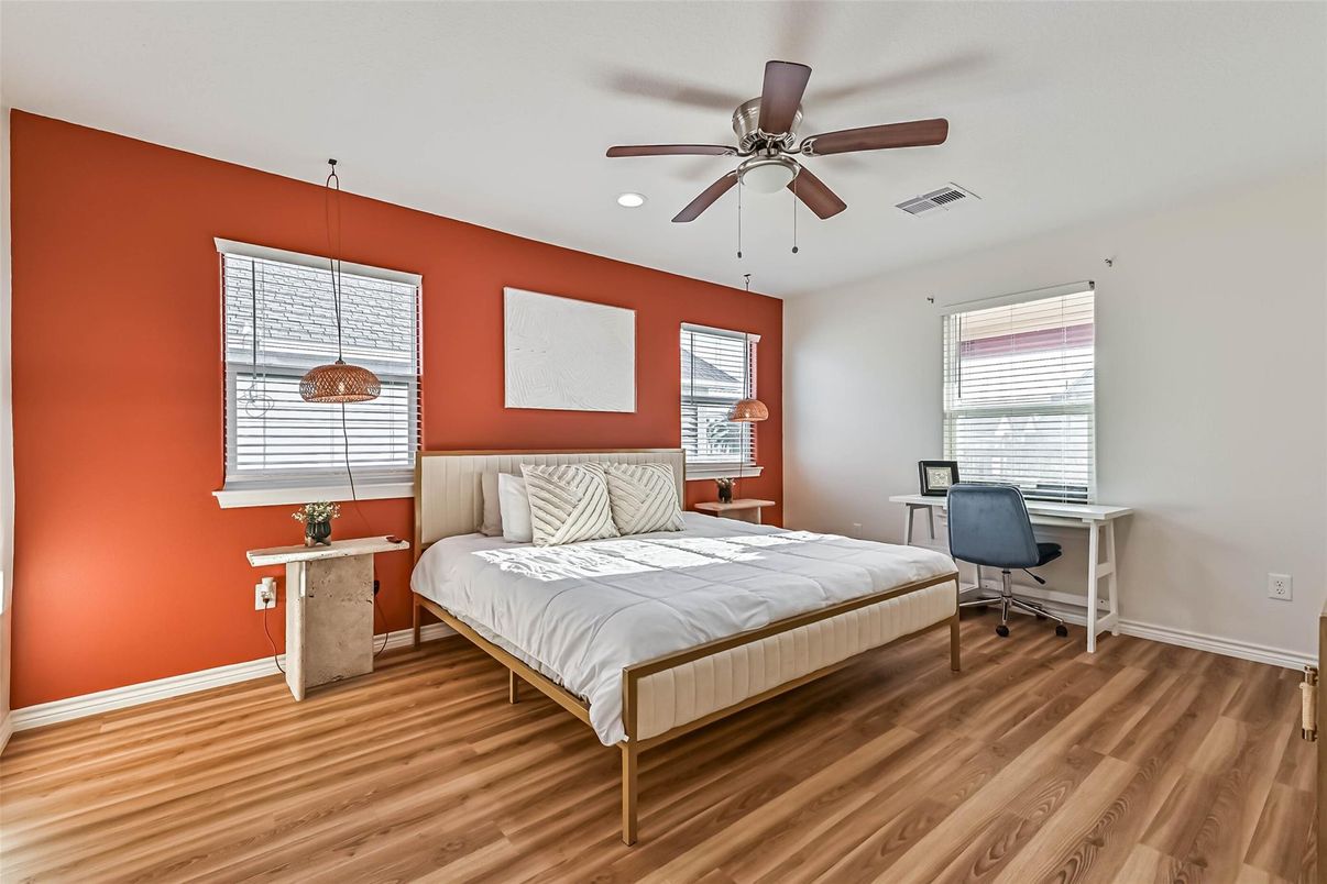 Bedroom, Home Office, Interior, Recessed Lighting, Wood Texture Flooring