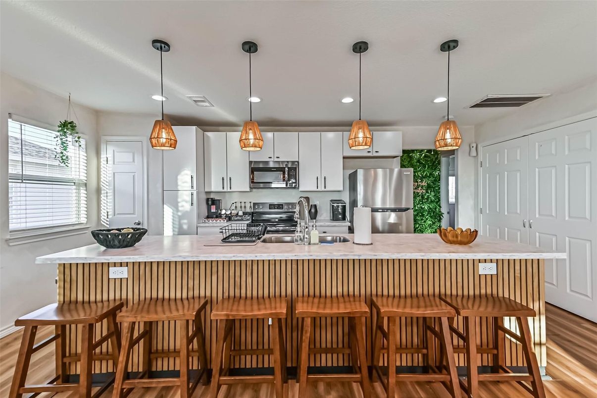 Interior, Kitchen, Pendant Lights, Recessed Lighting, Stainless Steel Appliances, Wood Texture Flooring