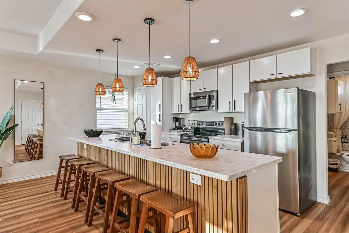 Interior, Kitchen, Pendant Lights, Recessed Lighting, Stainless Steel Appliances, Wood Texture Flooring