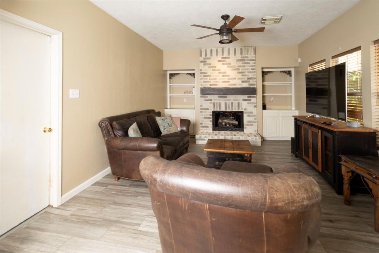 Fireplace, Interior, Living room, Stone Walls, Wood Texture Flooring